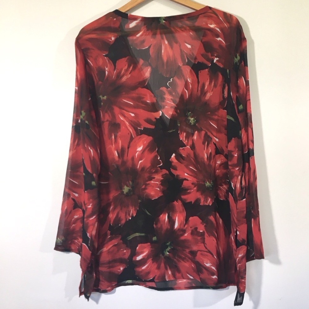 Additions by Chicos Floral Sheer Deep V Neck Long Sleeve Blouse Top Size 3‎ - Picture 2 of 10